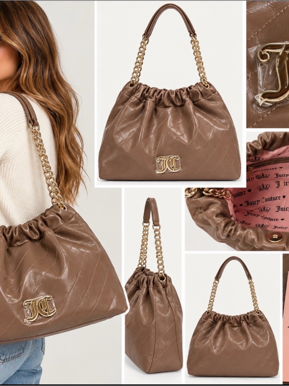 Juicy Couture Soft Spoken Tote Iced Coffee Quilted Chain Bag NWT